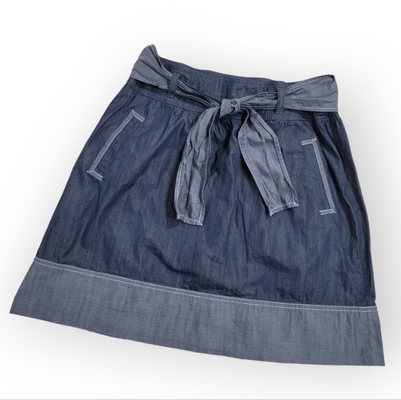 Ann Taylor Loft Blue & Gray Chambray Color block skirt with Pockets Size 8P - Picture 1 of 16